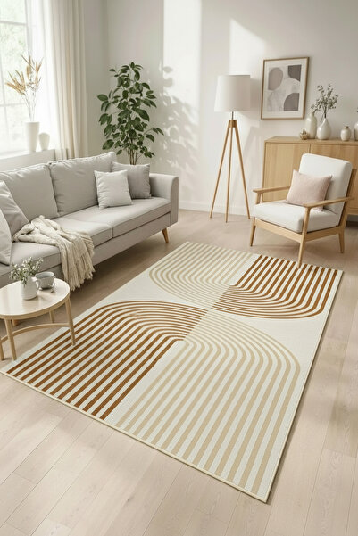 GECE HOME Bej Kahve Modern Çizgili Kaymaz Taban Halı Yolluk Dijital Baskı Sal...