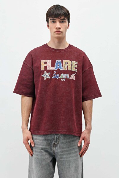 VAMOSCLO Baskılı Oversize Tişört Bordo