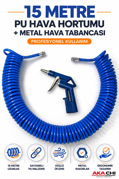 AKA CHI 15 Metre PU Spiral Hava Hortumu + Metal Hava Tabancası Seti | Kompres...