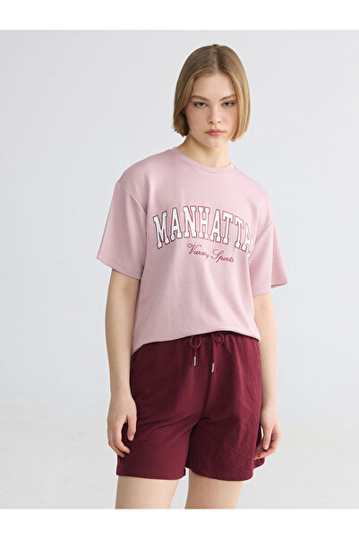 LC Waikiki Nevavm Farkıyla Xside Pink Oval Collar Manhattan Printed Women's T...