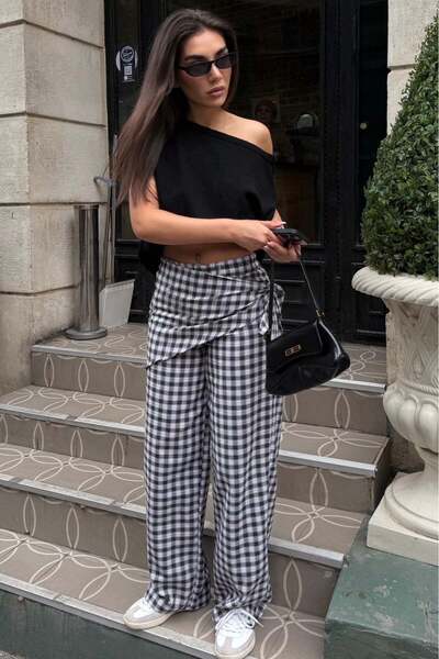 Madmext Μαύρο καρό παντελόνι με φουλάρι MG2734