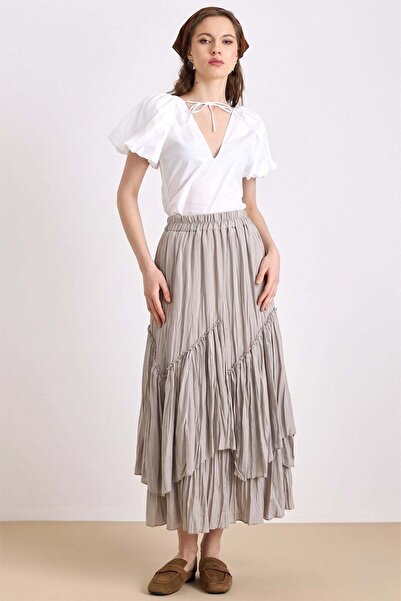 Olcay Ελαστική Φούστα με Πιέτες και Στρώσεις στη Μέση STONE 7076