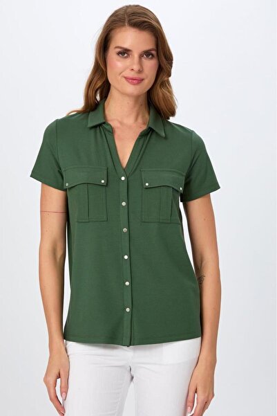 İKİLER Polo Yaka Önü Çıtçıtlı Cep Detaylı Bluz 026-1018