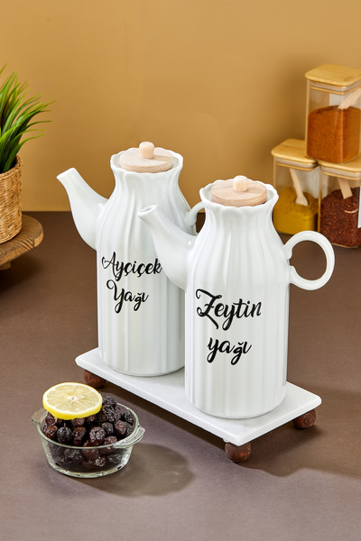 MODA OZY 2 Pieces of 1 Liter Porcelain Oil Pot with Transfer Label, Oil Conta...