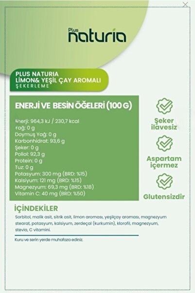 Naturia Limon & Yeşil Çay Aromalı Şeker İlavesiz Tatlandırıcılı Şekerleme 28 Gr
