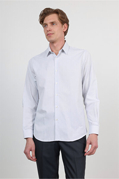 İmza Λευκό - Μπλε Βαμβακερό πουκάμισο με σκληρό γιακά, μακρύ μανίκι, χωρίς τσ...