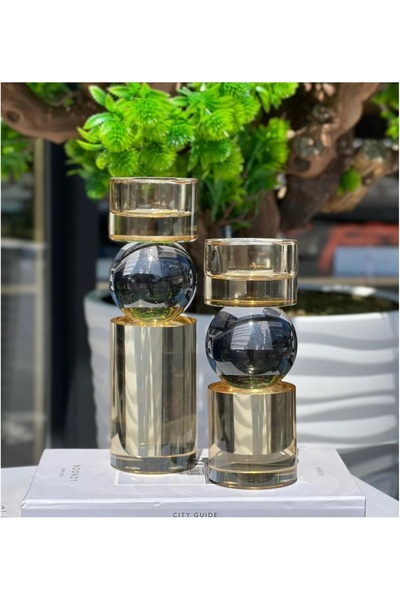 Laura Design Silindir 2 Li Kristal Antrasit-Şampanya Mumluk
