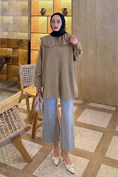 lamelif Βρεφικό πουκάμισο με δαντέλα και λεπτομέρειες σε απαλό καφέ