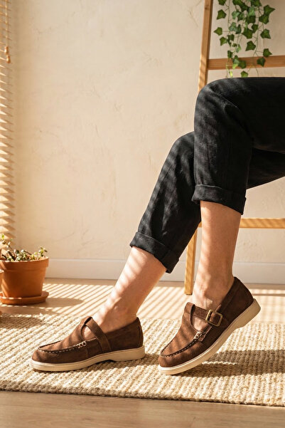 BAKGİY Καφέ σουέντ γυναικεία παπούτσια loafer με ζώνη BG1202-113-0005