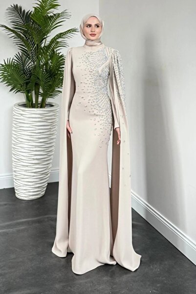 Limbamba Side Stone Embellished Evening Dress Cream