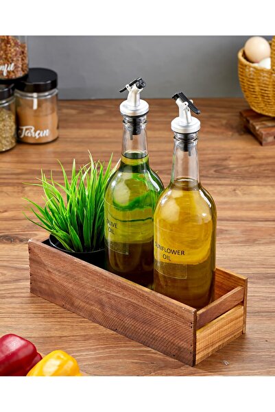 MODA OZY Set of 2 750 ml Amber Olive Oil Bottles with Wooden Stands (with Ree...