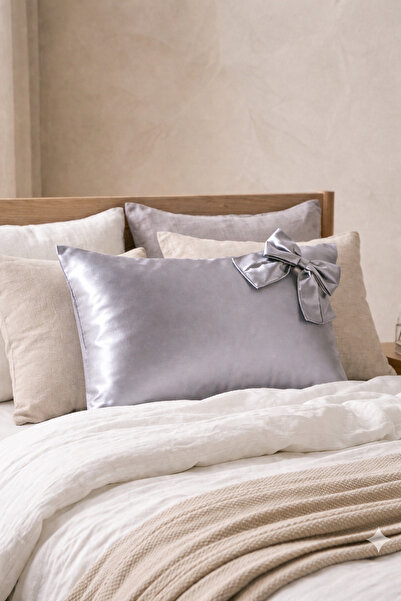 Cherry Bloom Cotton Γκρι σατέν μαξιλαροθήκη με κορδέλα και φερμουάρ 50x70