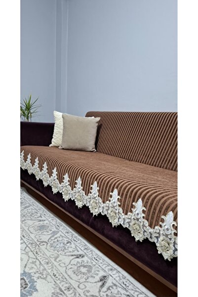 Keremhome غطاء أريكة مخملي مخطط من الدانتيل الفرنسي، غطاء أريكة غير قابل للان...