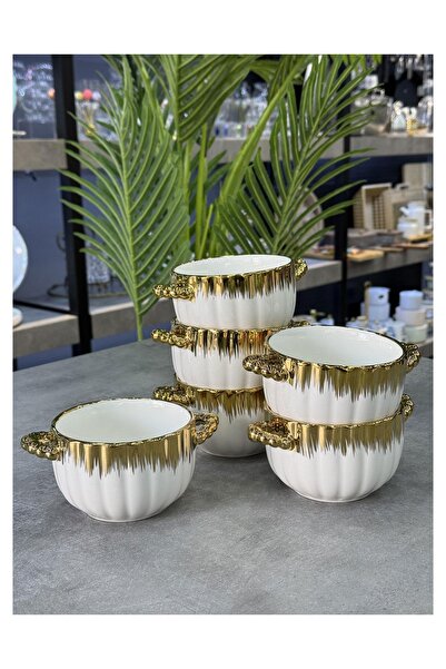 Doğudeko Luxury Porcelain 6-Piece Gold Bowl with Handles