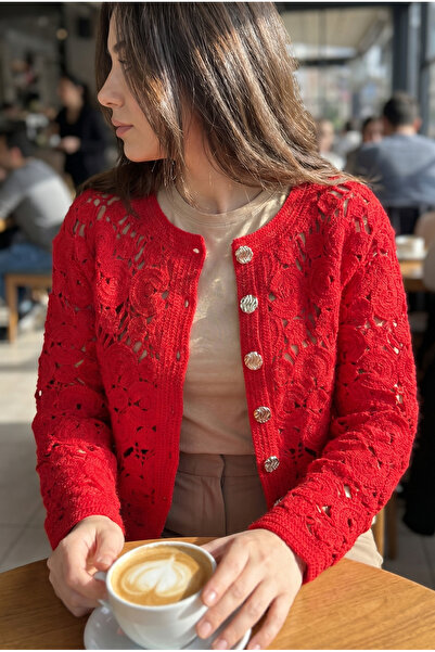 FEMELLE Red Crochet Jacket Cardigan with Standard Gold Buttons