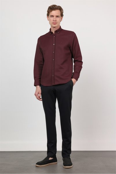 İmza Burgundy Buttoned Collar Long Sleeve Pocketless Slim Fit Cotton Shirt 1004260203