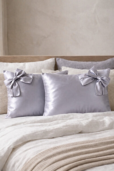 Cherry Bloom Cotton Σετ 2 γκρι σατέν μαξιλαροθήκες με κορδέλα και φερμουάρ 50x70