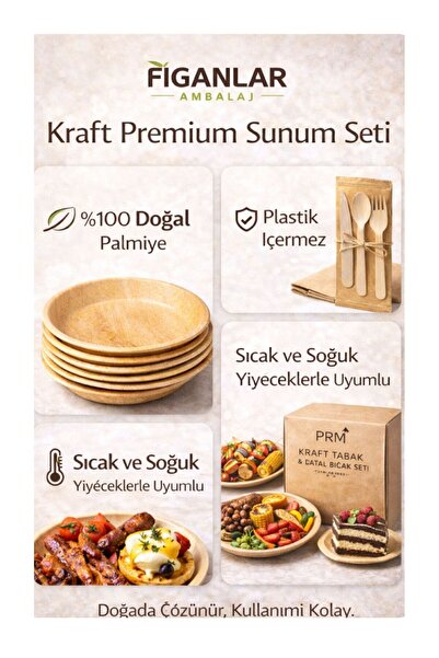 figanlar ambalaj Hazır Sunum Seti | Palmiye Tabak + Ahşap Çatal Bıçak + Peçet...