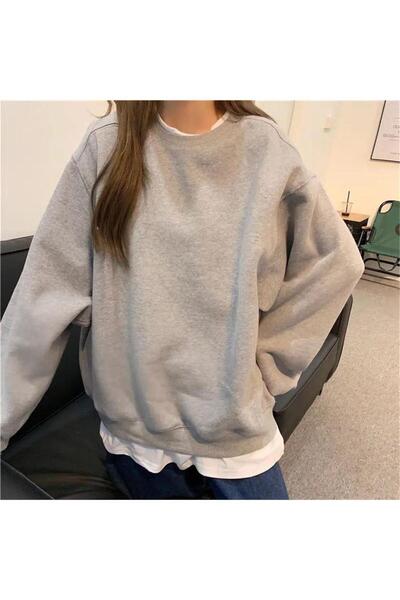 BALİNA Düz Gri Melanj Orta Kalınlıkta Kumaş Oversize Unisex Uzun Kollu