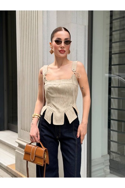 YK FASHION Peplum Keten Korseli Bluz