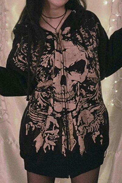 BALİNA Siyah Gotik Skull Baskılı Y2K Kapüşonlu Unsiex Hırka