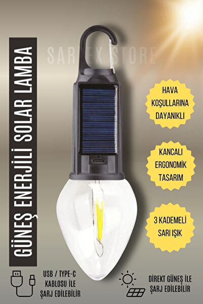 SARFEX Solar Led Ampul Güneş Enerjili + Usb Şarjlı Bahçe Balkon Teras Kamp Ka...