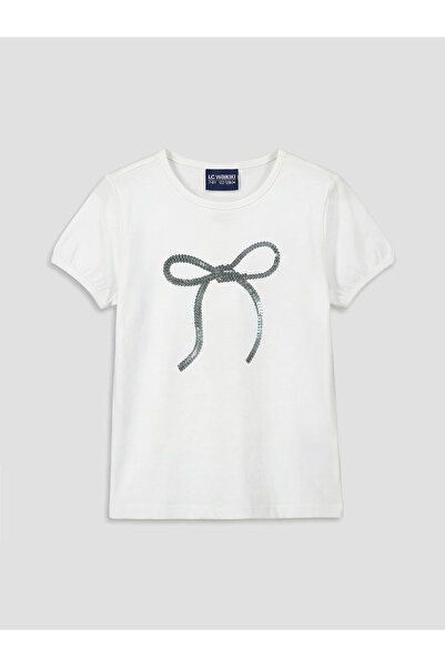 LC Waikiki Lcw Kids White Bow Sequined Girls T-Shirt