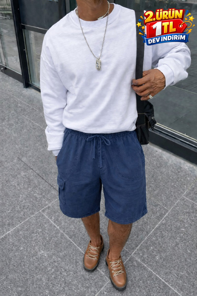 DAMGA JEANS Men's Summer Cargo Pocket Regular Navy Blue Linen Shorts