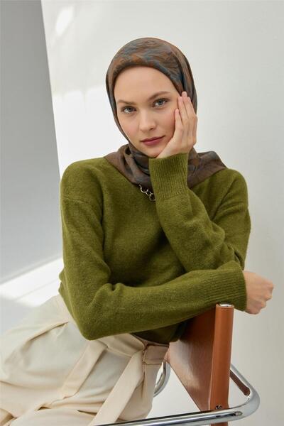 Silk Home Κασκόλ Βισκόζη Βελόρα Χακί Τέσσερις Εποχές 90x90