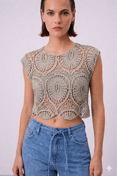 Cistern İstanbul Γυναικεία δαντελωτή κεντημένη κοντομάνικη πλεκτή μπλούζα