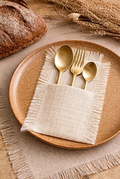 Cherry Bloom Cotton Ακατέργαστη λινή θήκη για κουτάλια με φούντες 150 x 150