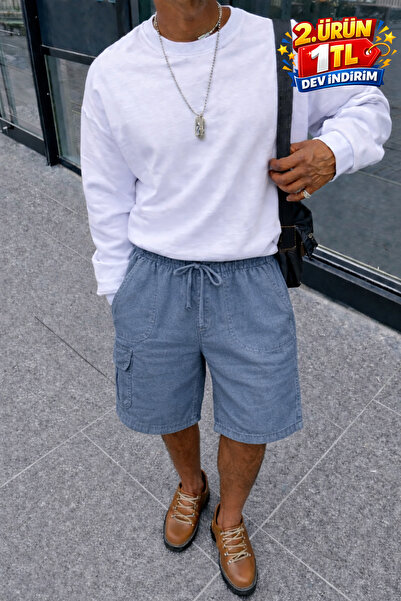 DAMGA JEANS Ανδρικό καλοκαιρινό σορτς Cargo Pocket Regular σε μπλε λινό ύφασμα