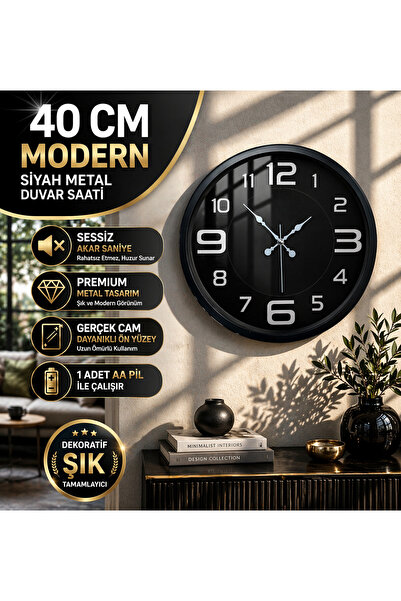 KOLAYEV 40 Cm Siyah Metal Duvar Saati Sessiz Mekanizma Modern Dekoratif Salon...
