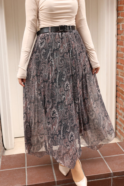 TATULA Ethnic Patterned Chiffon Skirt with Belt Detail