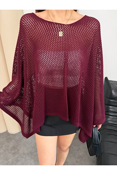 TOFİX textile Kadın File Triko Panço Bluz Salaş Oversize Yarasa Kol Yazlık Ör...