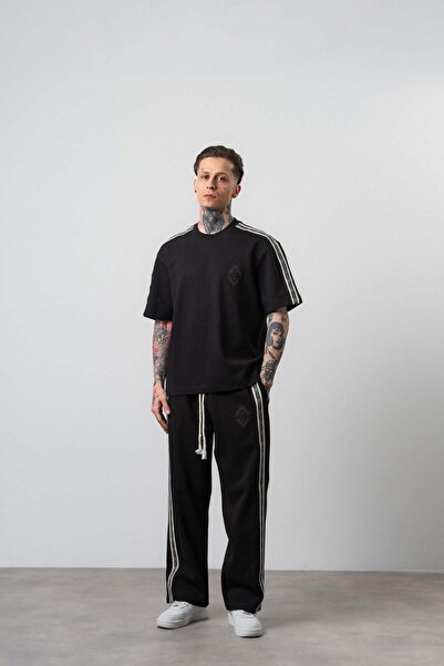 Respire Men's Regular Fit Tracksuit Set with Stripe Detail, Black