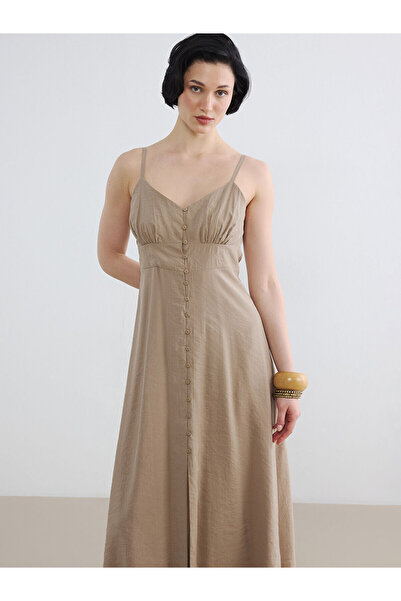 LC Waikiki Lcw Vision Brown V-Neck Rope Strap Gathered Dress with Nevavm Diff...