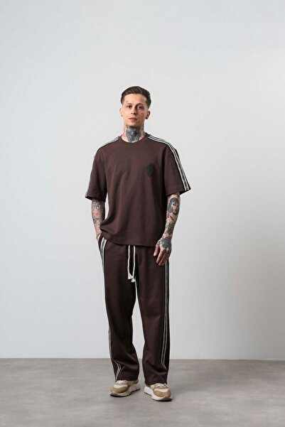 Respire Men's Regular Fit Tracksuit Set with Stripe Detail, Brown