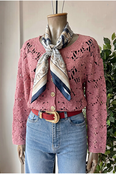 FEMELLE Dusty Rose Crochet Jacket Cardigan with Standard Gold Buttons
