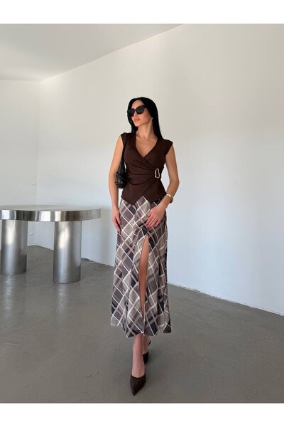 myd Geometric patterned satin skirt - khaki