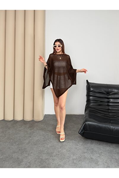 TOFİX textile Kadın File Triko Panço Bluz Salaş Oversize Yarasa Kol Yazlık Ör...