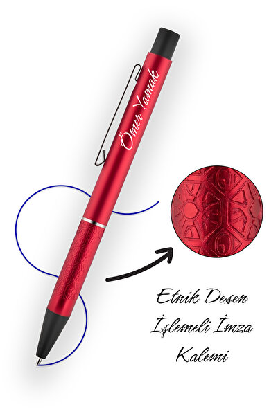 Giftino Kişiye Özel Hediyelik İsim Yazılı Kırmızı Etnik Desenli İmza Kalemi İ...