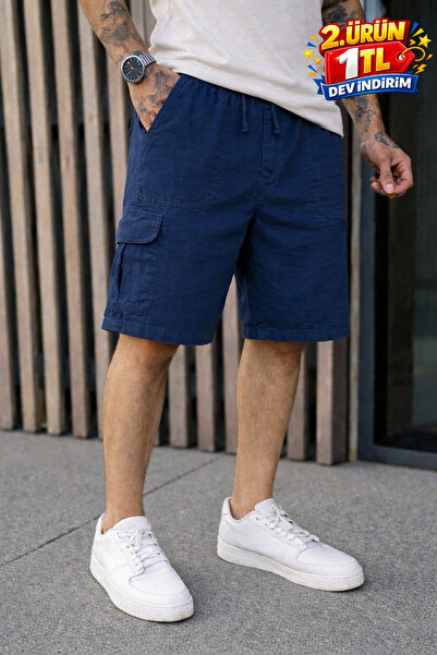 DAMGA JEANS Men's Trend Low Waist Cargo Pocket Loose Navy Blue Linen Shorts