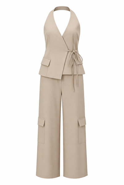 HAZELANNA Ασύμμετρο Σετ Μπλούζα-Παντελόνι Cargo σε Μπεζ Χρώμα