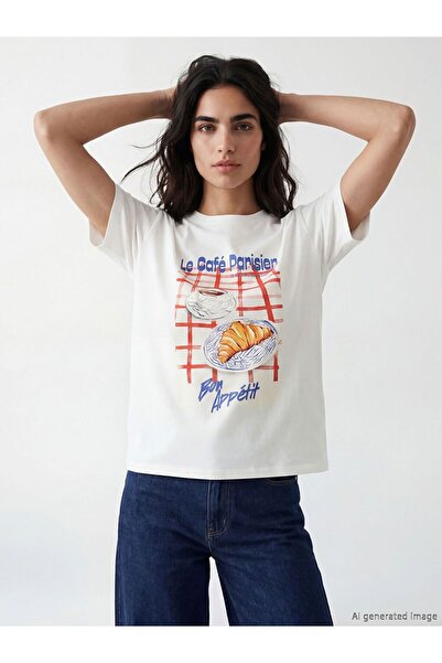 LC Waikiki Γυναικείο μπλουζάκι με στάμπα LCW Vision Crew Neck Oversize