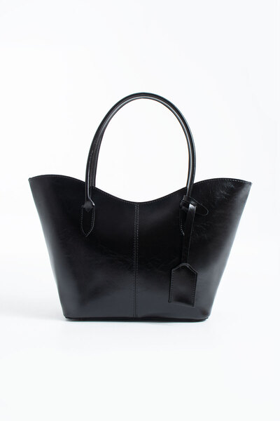 DEV 3 ADAM Μαύρη δερμάτινη γυναικεία τσάντα ώμου με αξεσουάρ, ευρύχωρη και χρ...