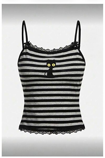 Köstebek Μαύρη γκρι ριγέ μπλούζα με λεπτομέρεια μαύρης γάτας, δαντελένιο γιακ...