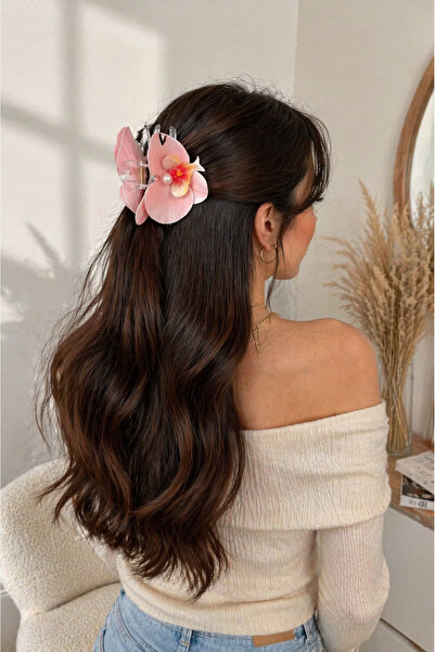 BeyzHal Ροζ Περλένια Λεπτομερής Πόρπη Μαλλιών με Λουλούδι Ορχιδέας – Κλιπ Μαλ...