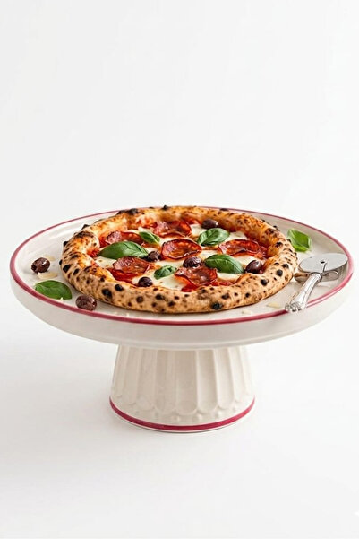 evcime El Yapımı Ayaklı Seramik Sunum Tabağı & Pasta Standı - Kırmızı çiçek desenli ayaklı sunumluk 20 cm
