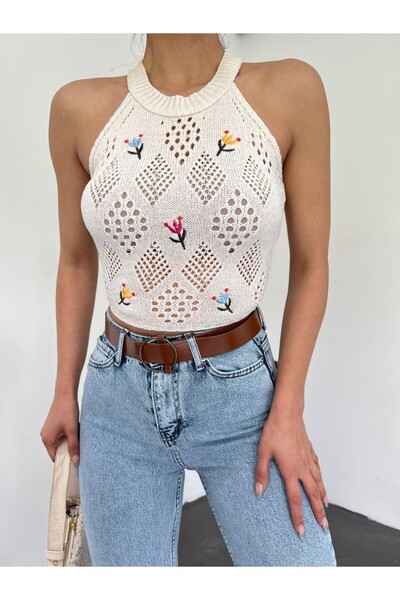 Caddebostan Moda Διάτρητη Κεντημένη Μπλούζα με Λαιμόκοψη Halter και Μηδενικά ...